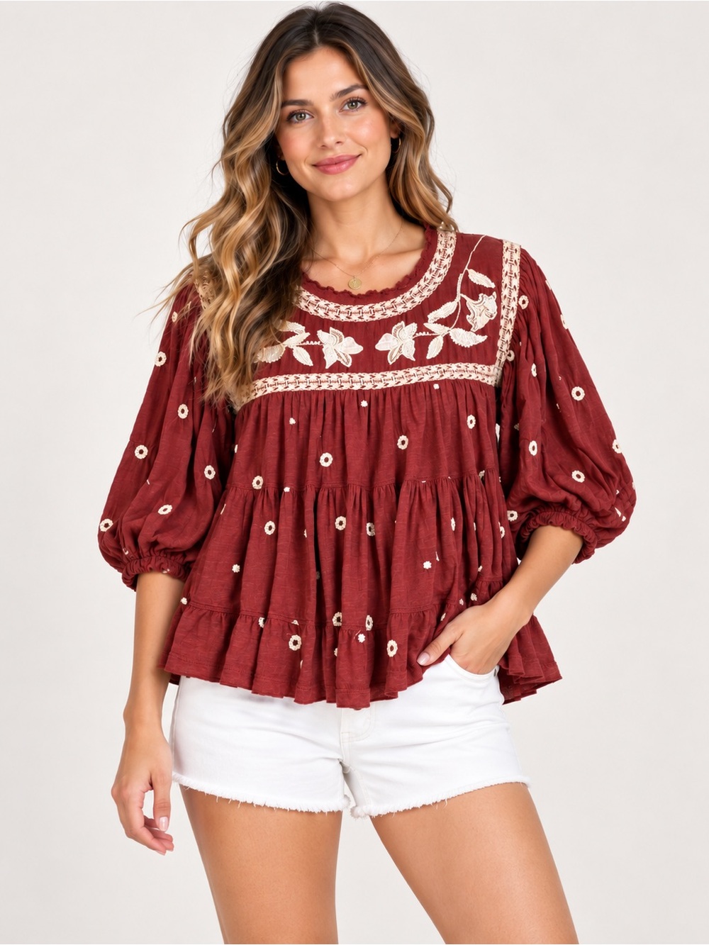 Free People Embroidered Red Burgundy Cotton Top Blouse in Size Medium
